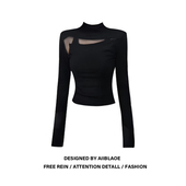 大码 设计感上衣 胖mm辣妹风修身 半高领网纱拼接长袖 打底T恤女秋季