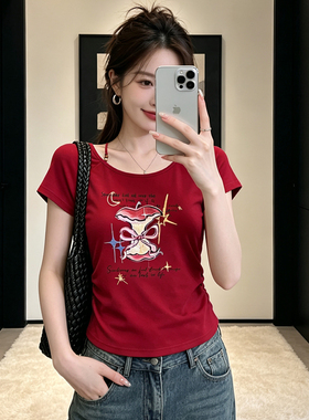 大码胖MM韩系红色苹果印花设计感短袖T恤女夏季时尚绝美显瘦上衣