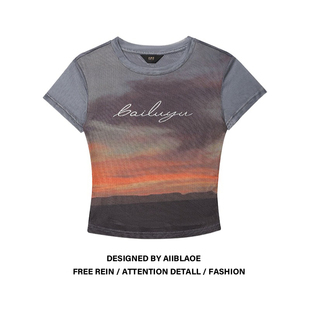 2026新款 T恤女夏季 显瘦气质小上衣 胖mm网纱渐变晕染印花短袖 大码