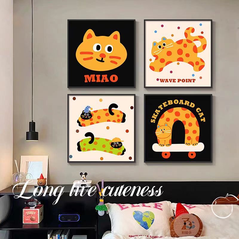 趣味多巴胺组合客厅装饰画猫咪卡通儿童房挂画可爱卧室床头柜摆画