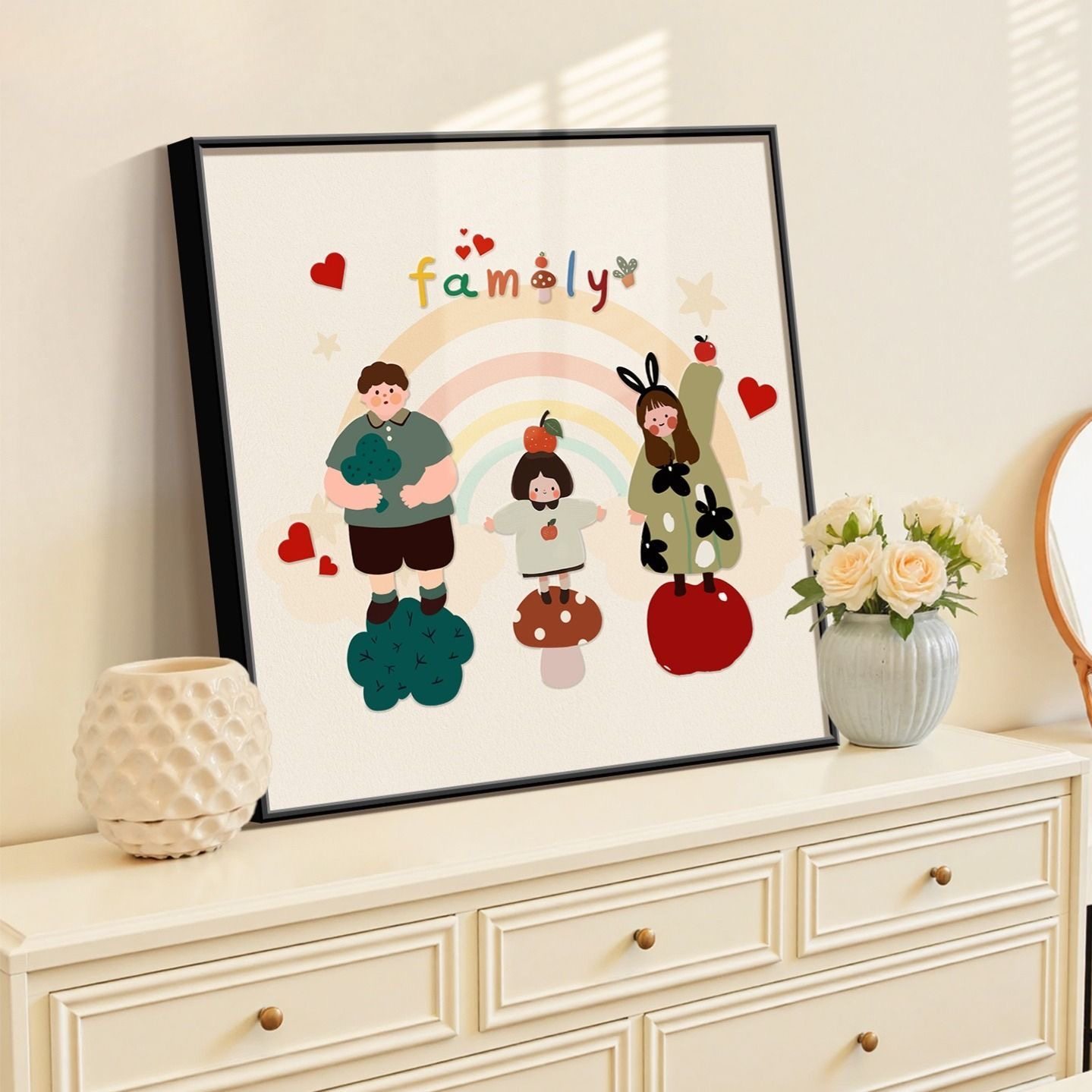 一家三口四口卡通装饰画温馨全家福客厅电视柜摆画奶油风餐厅挂画