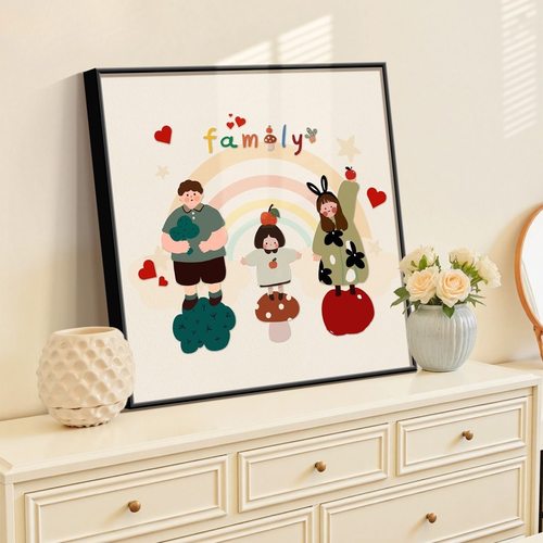 一家三口四口卡通装饰画温馨全家福客厅电视柜摆画奶油风餐厅挂画