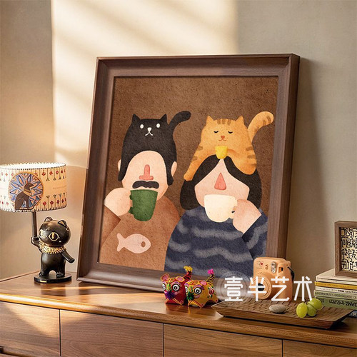 美拉德卡通猫咪餐厅背景墙装饰画中古风客厅桌面摆画卧室床头挂画