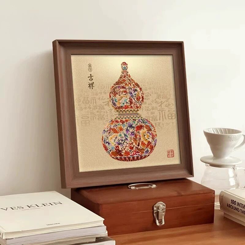 中古风客厅餐厅桌面摆画正方形吉祥福禄花瓶葫芦玄关柜挂画装饰画图片
