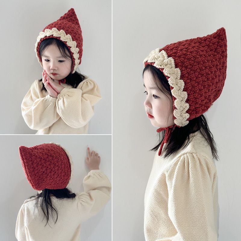 宝宝帽子秋冬新款女童手工花边护耳帽男童针织帽儿童巫师帽毛线帽