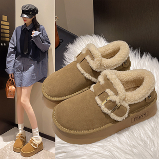 加厚保暖棉鞋 厚底勃肯鞋 一脚蹬毛毛鞋 新款 子 女加绒雪地靴2024冬季