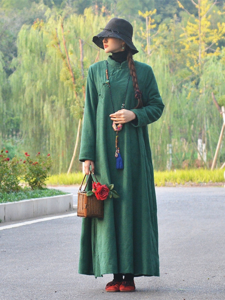 【岚香】素心自制民族风加厚连衣裙春秋女装复古立领盘扣宽松长裙