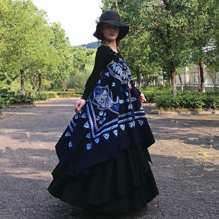 吊带扎染不规则大摆裙 素心自制民族风连衣裙双层女装 包邮 蓝蝶