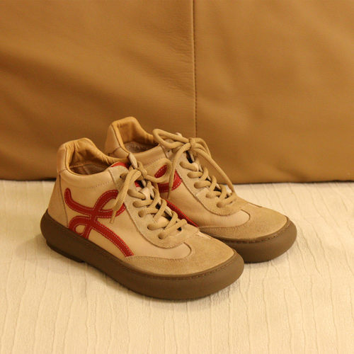 9018-1花藤萝蔓 牛皮圆头系带厚底软底平底舒适真皮女短靴单靴