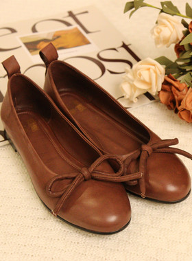 8060-21花藤萝蔓 牛皮圆头浅口蝴蝶结套脚休闲平跟真皮女鞋女单鞋