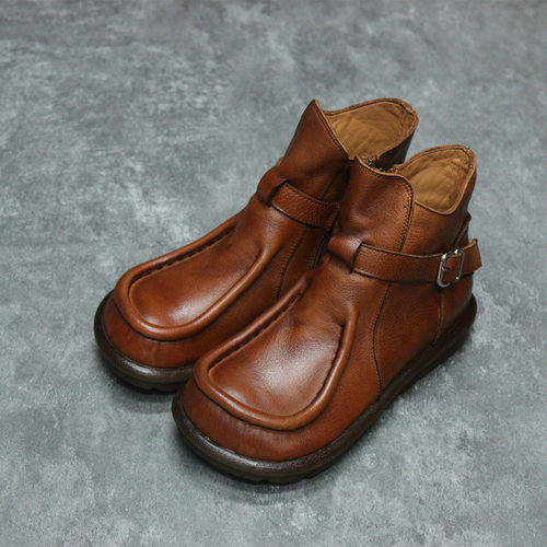 休闲大头圆头侧拉链平底女短靴