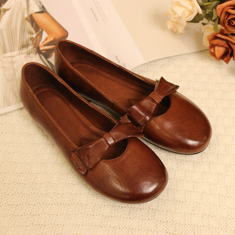 2062-2花藤萝蔓 马皮休闲圆头浅口套脚蝴蝶结平跟真皮女鞋女单鞋