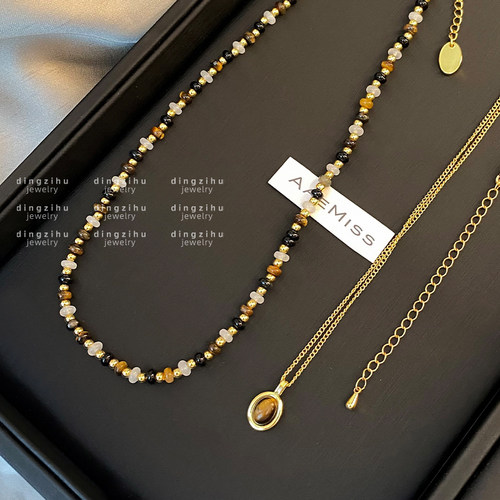 天然虎眼石叠戴项链百搭毛衣链