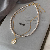 S家澳白珍珠叠戴项链女贝母吊坠锁骨链轻奢小众设计高级感毛衣链