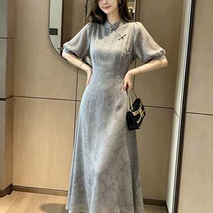 广州十三行清冷感复古温柔风短袖旗袍连衣裙立领盘扣显瘦气质长裙