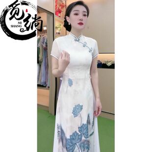 春夏新款专柜中国风复古改良旗袍长裙显瘦气质过膝减龄连衣裙