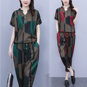 妈妈夏装洋气减龄两件套中年女装时尚宽松显瘦冰丝棉麻哈伦裤套装