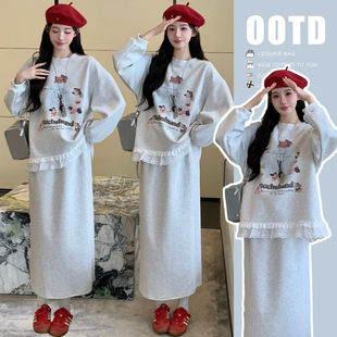 空气棉卫衣 懒人印花时尚 半身裙休闲两件套 孕妇套装 2025秋冬新品