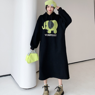 柠檬小象印花连衣裙大码 中长款 200斤加绒加厚连帽卫衣 秋装 孕妇装