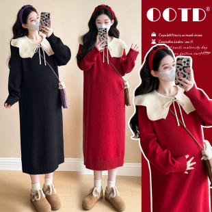 网红小香风系带减龄跨年圣诞喜庆针织毛衣连衣裙 新款 孕妇装 秋冬季