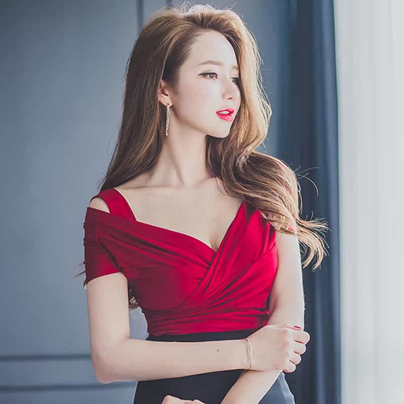 2018夏季新款韓版女裝修身性感V領吊帶露肩短袖氣質T恤衫百搭上衣在類目 女裝/女士精品, T恤中 - 來自Buy2taobao.com提供專業的淘寶代購服務