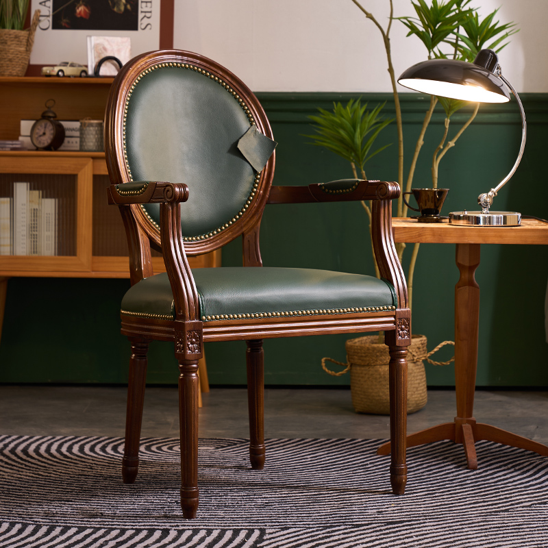美式真皮餐椅复古实木做旧休闲头层牛皮靠背椅咖啡厅酒店样板房椅