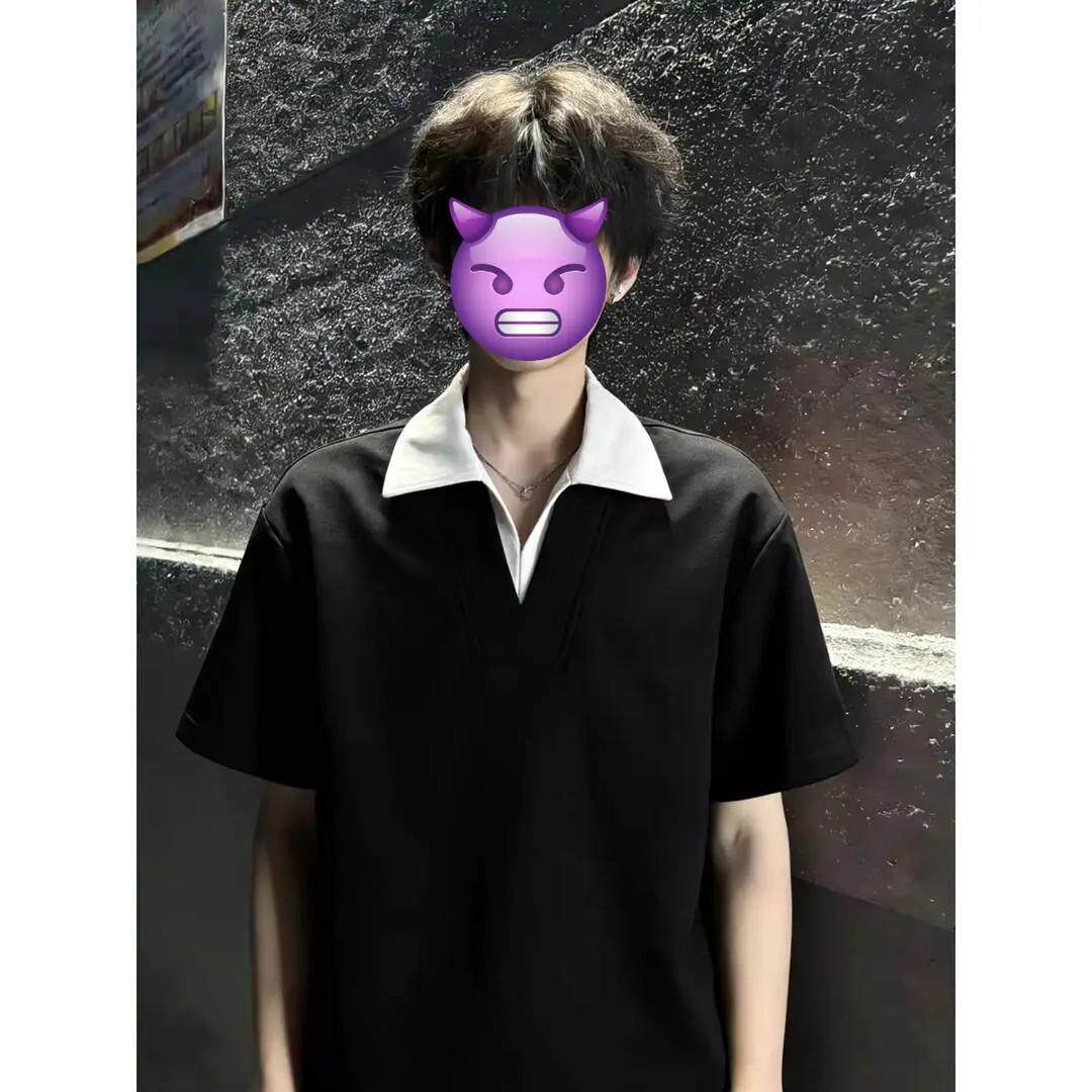 美式假两件短袖polo衫男款夏季痞帅高级感v领t恤美式重磅正肩半袖