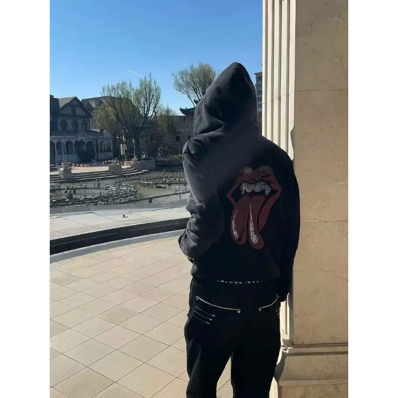 美式街头水洗“滚石红舌”做旧印花拉链开衫卫衣秋季复古短宽外套