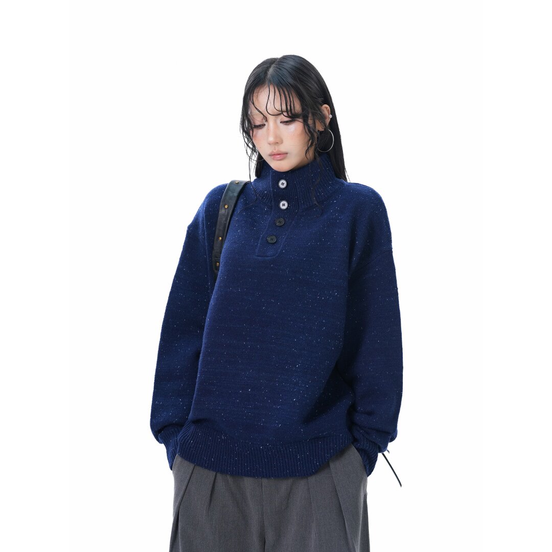 美式复古彩点半高领套头毛衣男女秋冬季中性风宽松慵懒感针织衫潮