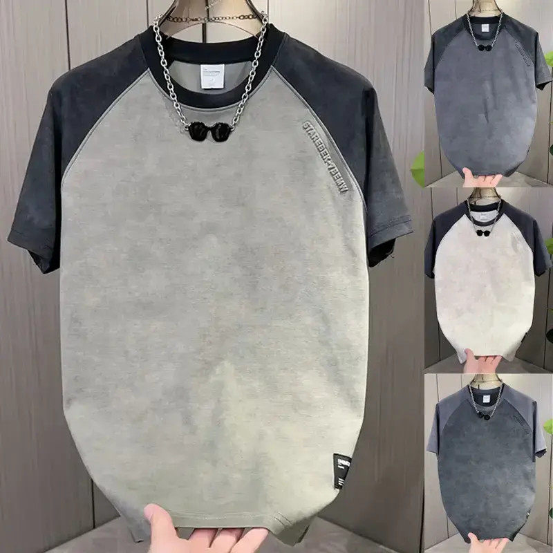 2026夏季男休闲晕染插肩字母刺绣拼接短袖韩版撞色潮流半袖T恤衫
