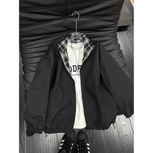 格子拼接防晒衣夹克男春夏季复古设计感无帽上衣美式翻领情侣外套