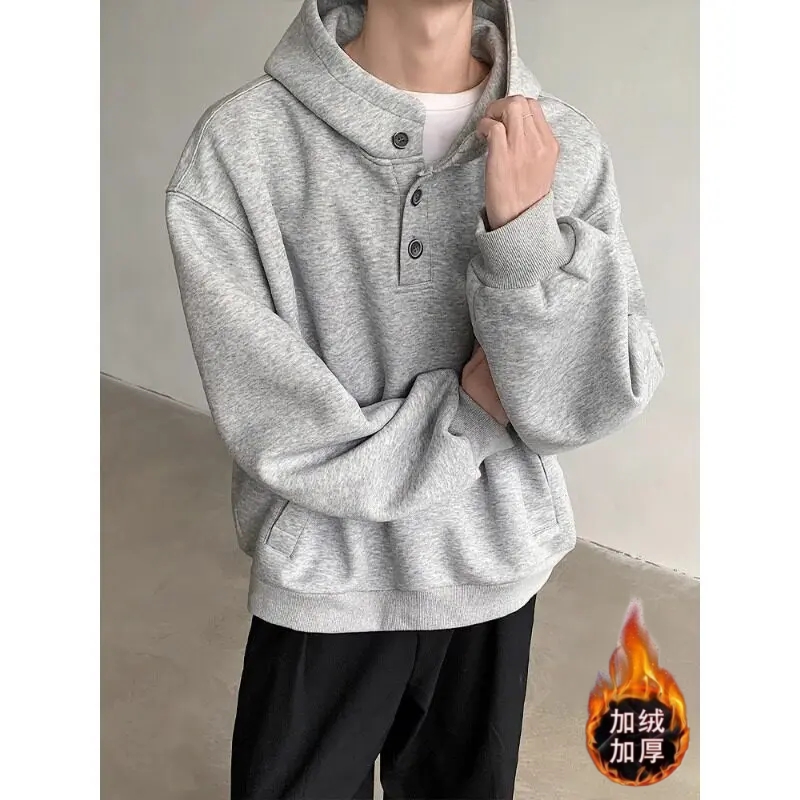 连帽卫衣男款秋冬季加绒美式cleanfit宽松慵懒风纯色休闲外穿上衣