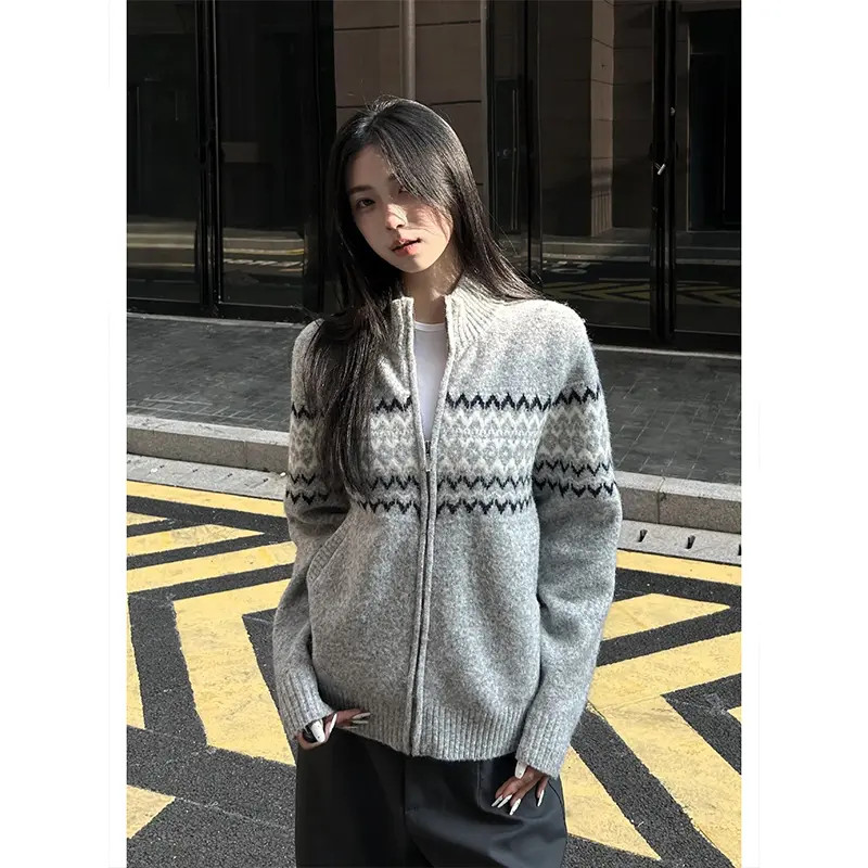 美式cleanfit费尔岛毛衣开衫外套男款秋冬季半高领拉链针织衫夹克