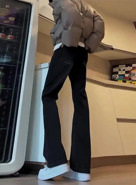 美式高街vibe纯黑色微喇叭牛仔裤男春季潮牌提裆高腰修身直筒裤子