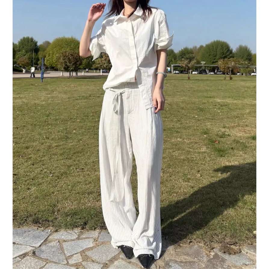 美式复古亚麻混纺条纹侧绑带休闲西裤可调节裤脚老钱风度假风长裤