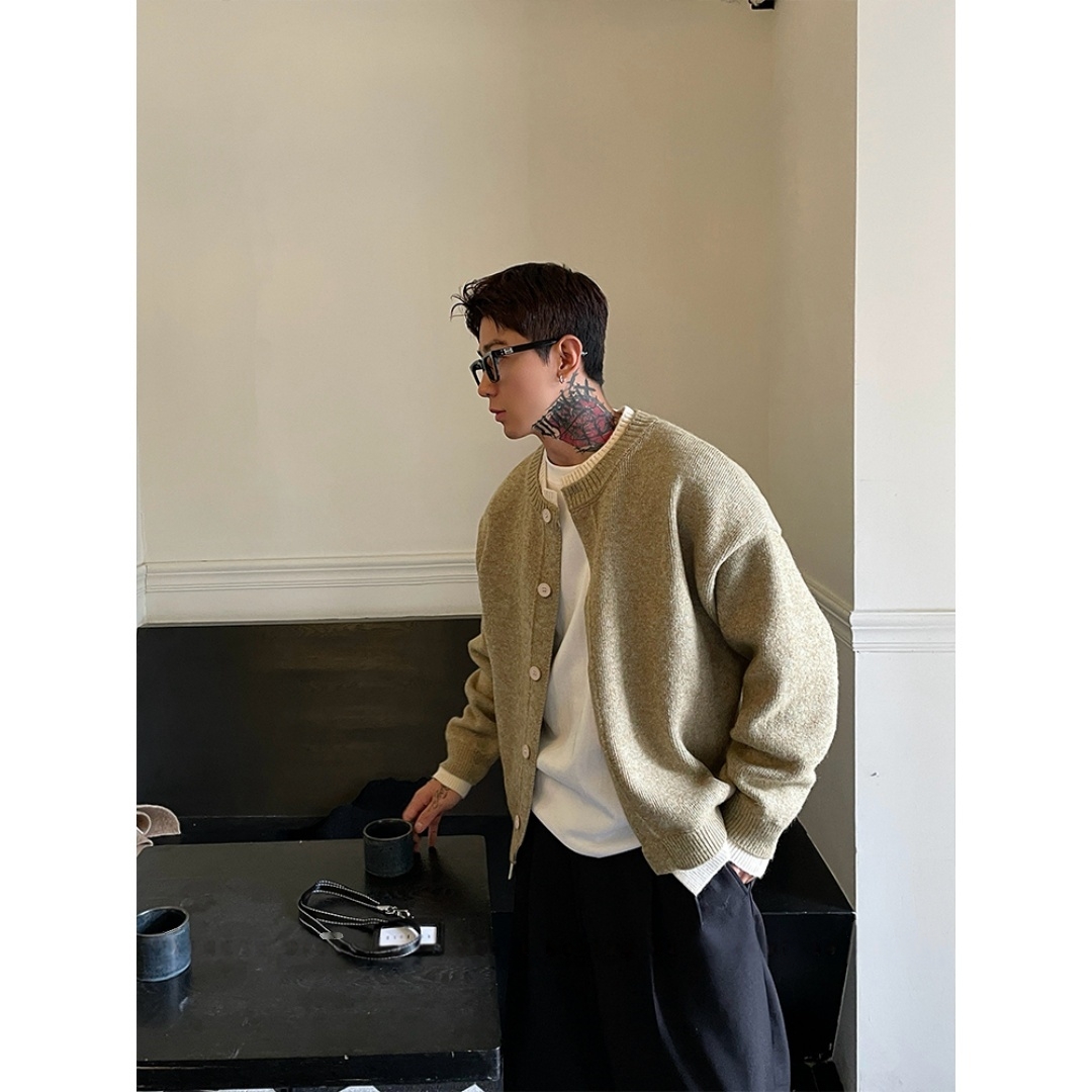 「双层假两件老钱风」排扣开衫毛衣男秋冬针织加厚外套百搭针织衫