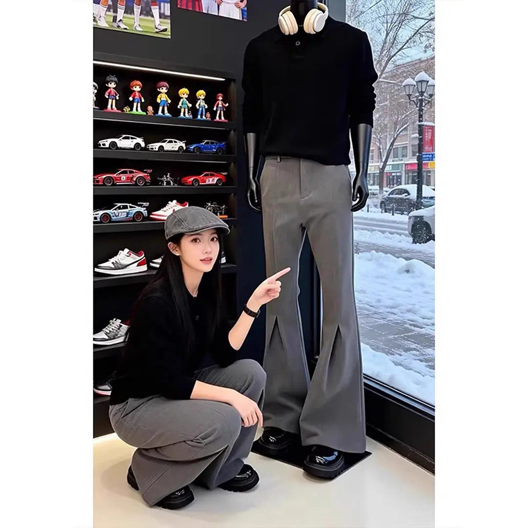 老钱风灰色打褶西裤男款春季cleanfit破缝修身微喇裤子显瘦休闲裤