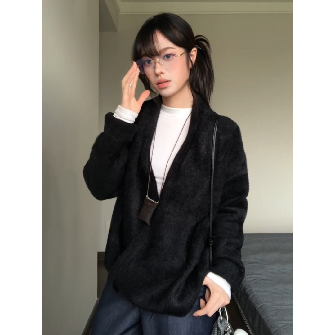 高级感仿狐绒黑色毛衣开衫外套男女秋冬季慵懒风软糯宽松针织衫潮