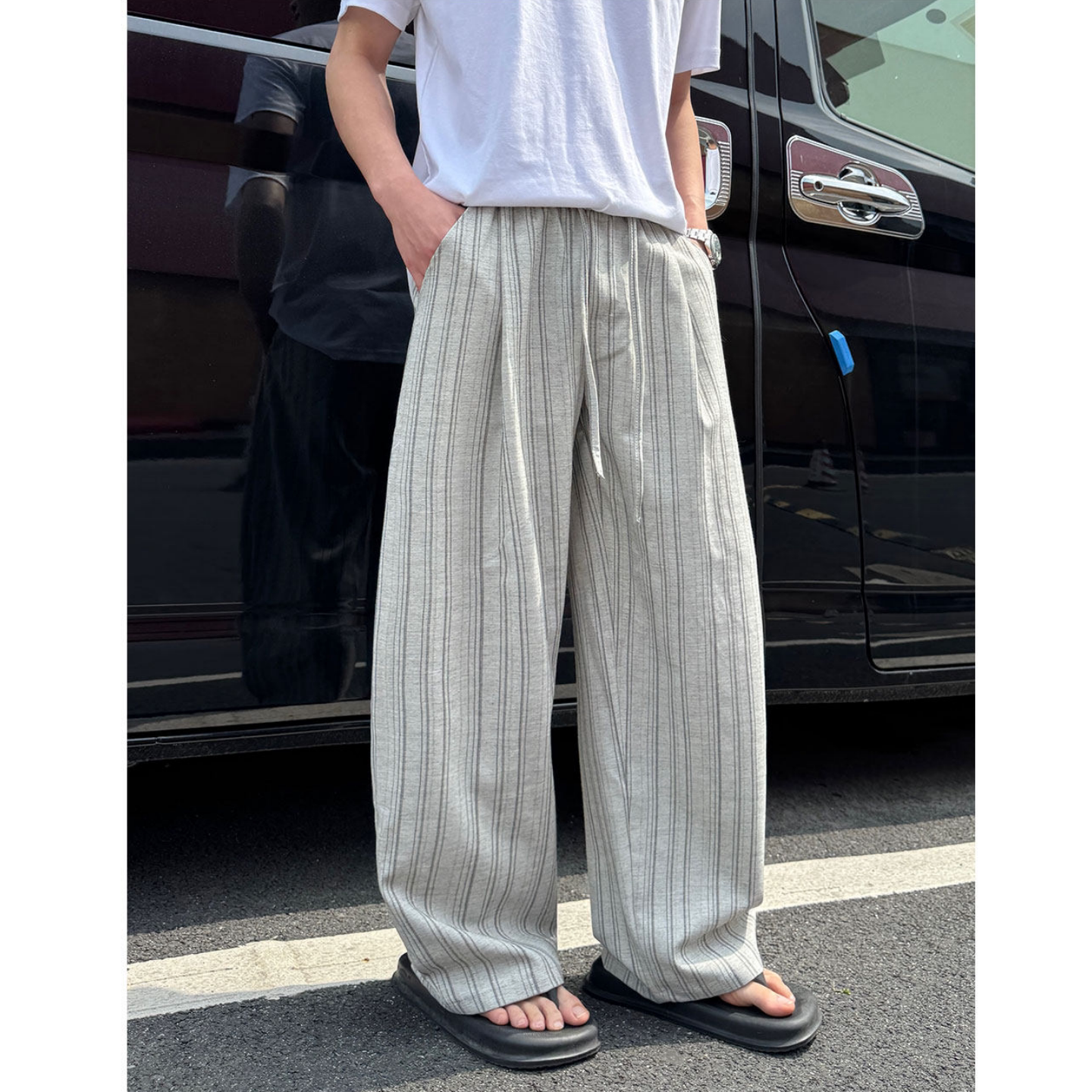 老钱风条纹休闲裤男女夏季美式hiphop运动长裤设计感宽松阔腿裤子