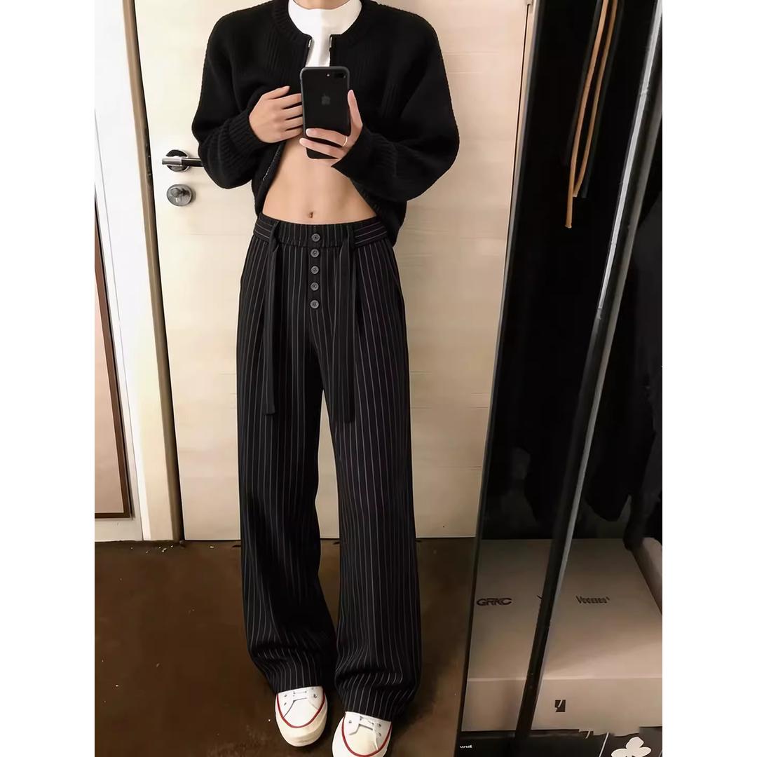 老钱风条纹黑色微喇西裤男夏薄款冰丝垂感阔腿裤vibe修身显瘦裤子