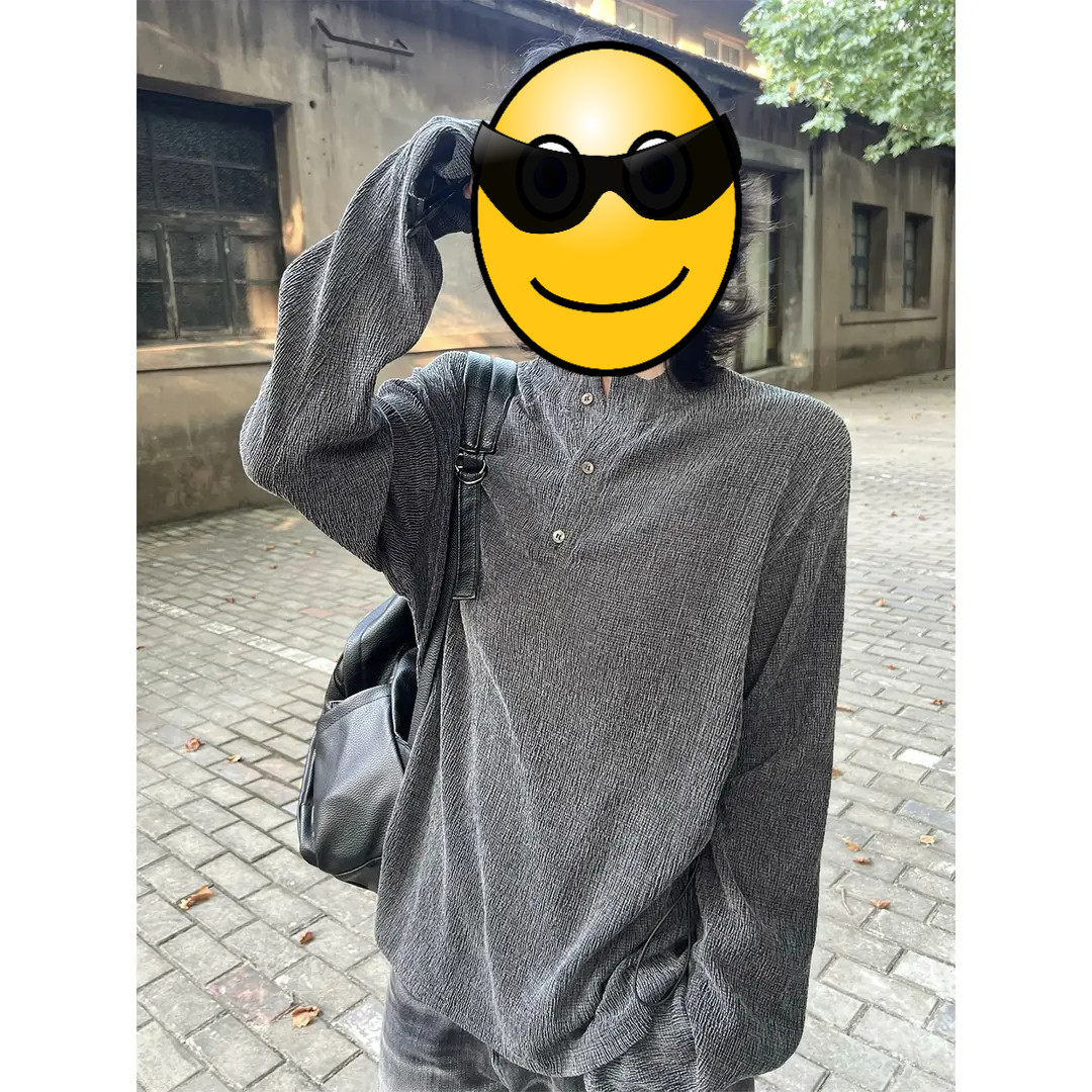 休闲百搭复古肌理感亨利领长袖T恤上衣宽松休闲显瘦打底衫男女
