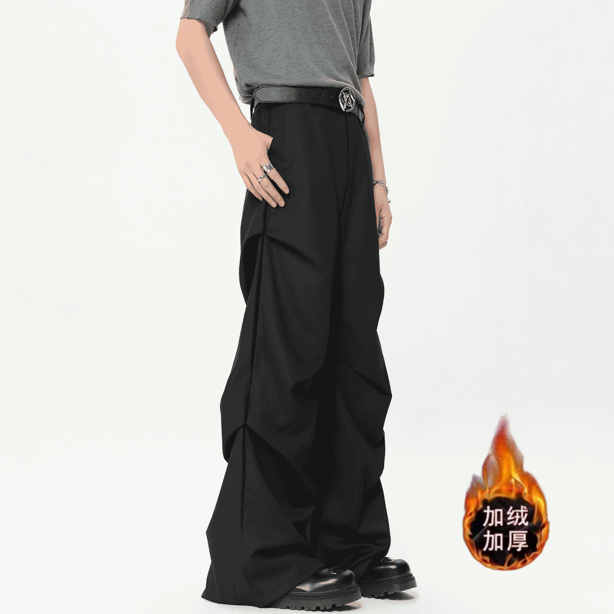 秋冬加绒美式cleanfit褶皱黑色西裤男垂坠感直筒拖地休闲裤西装裤