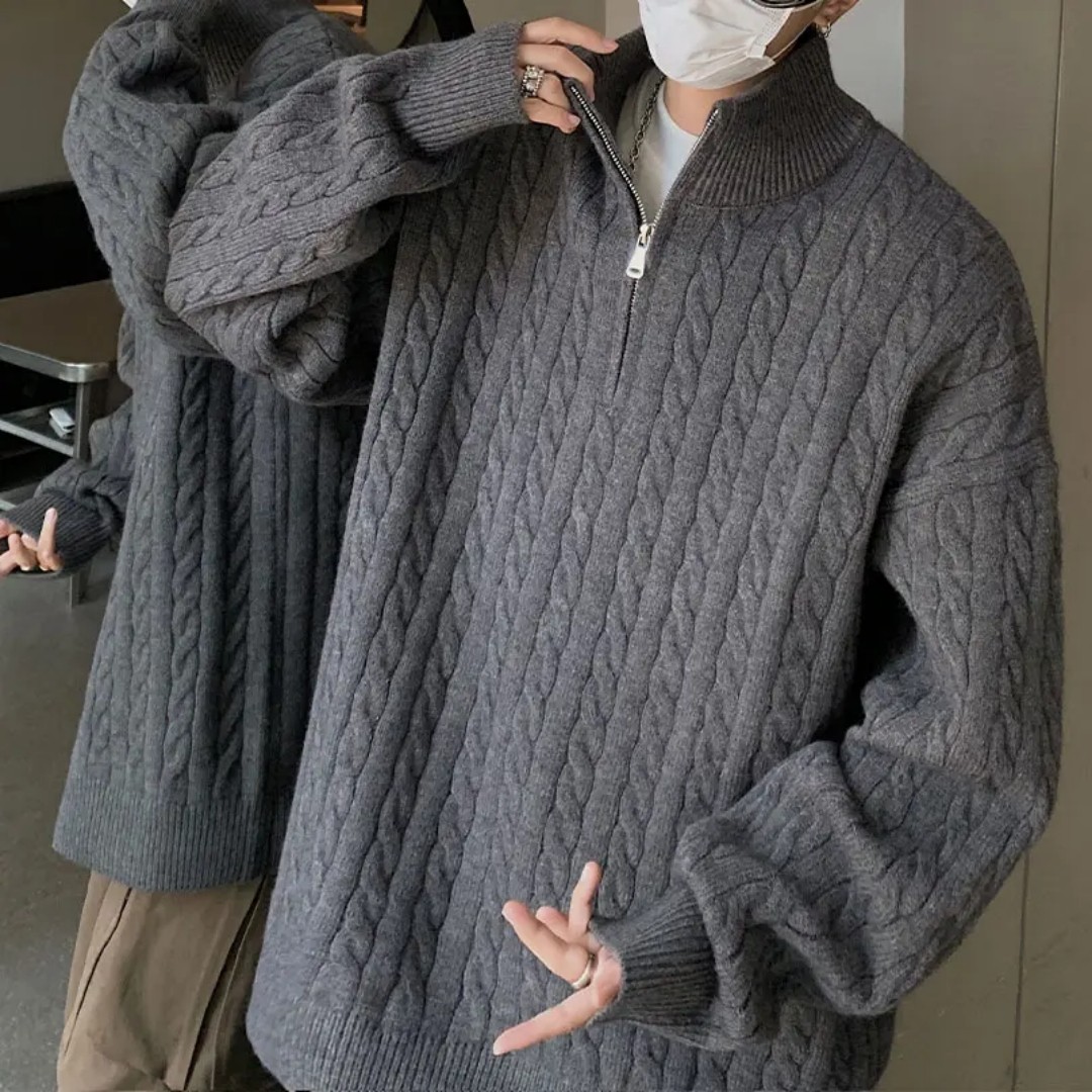 立领麻花纹针织衫男士秋冬季潮流高级感毛衣小众半拉链宽松外套潮