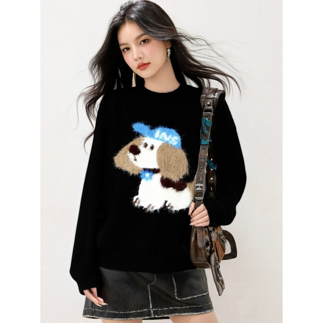 秋冬季黑色百搭小狗提花毛衣男女慵懒风情侣休闲宽松套头针织衫潮