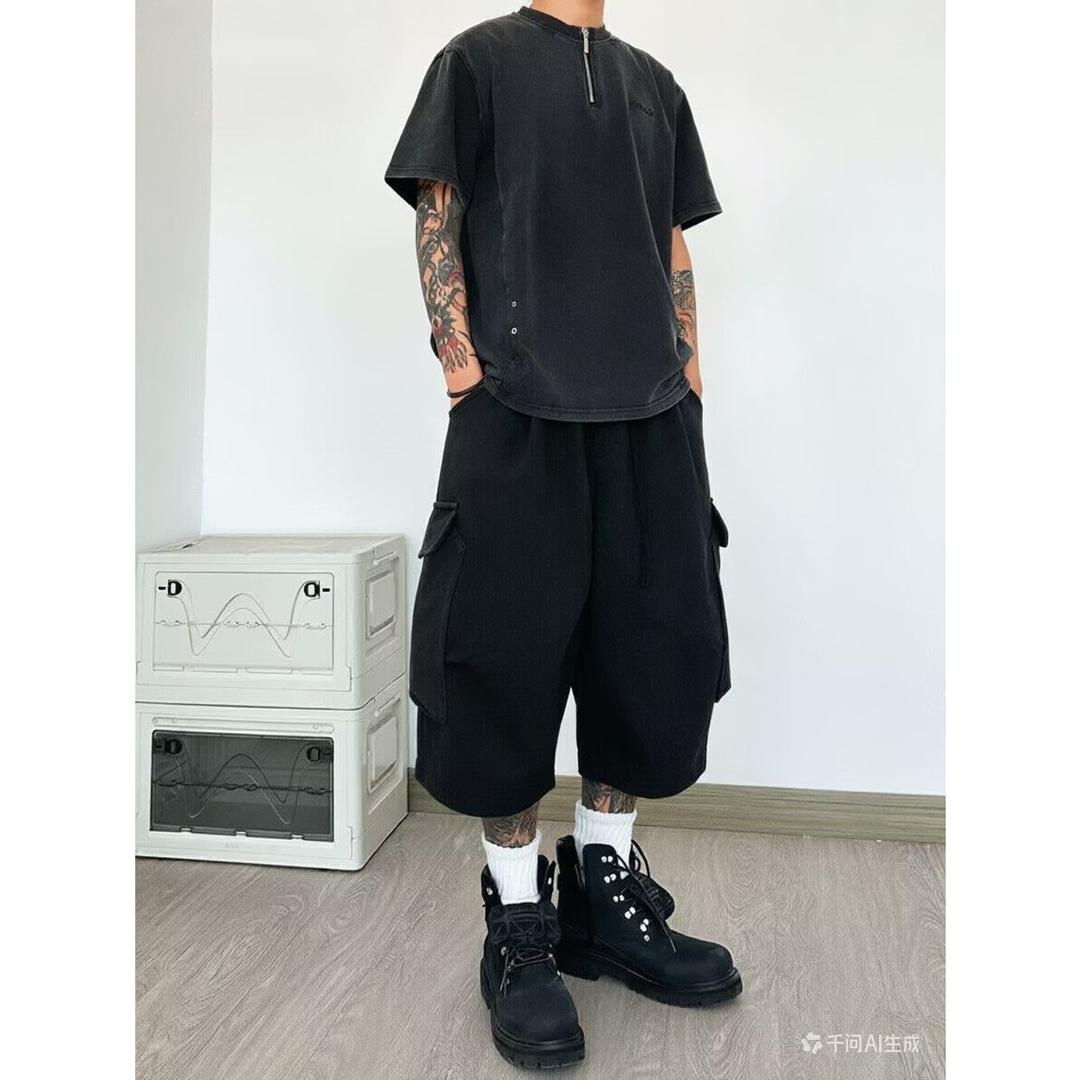 美式大口袋阔腿七分裤子男夏季宽松中裤潮牌工装7分卫裤