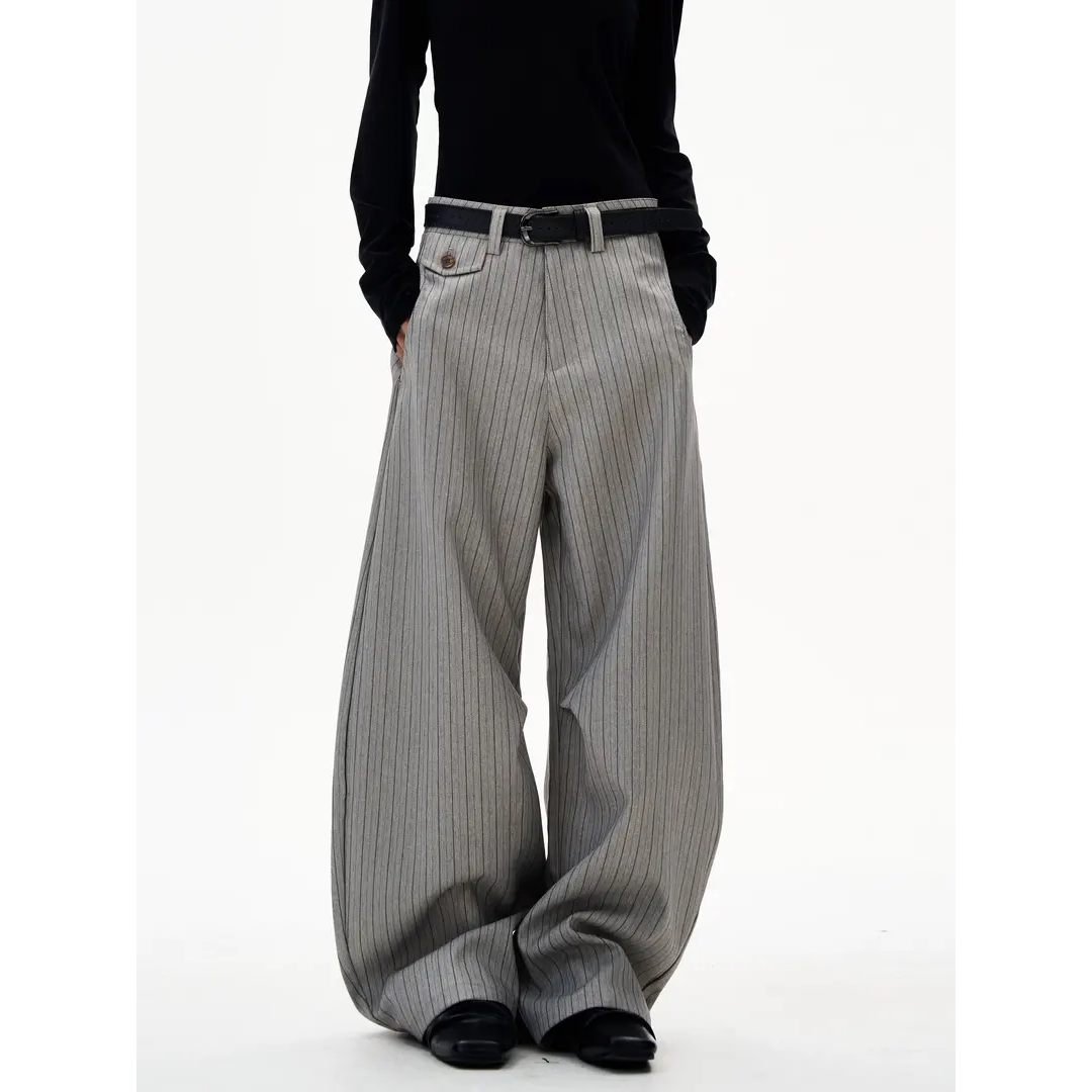 美式老钱风条纹弯刀阔腿西裤男女垂坠感宽松休闲裤慵懒风长裤情侣