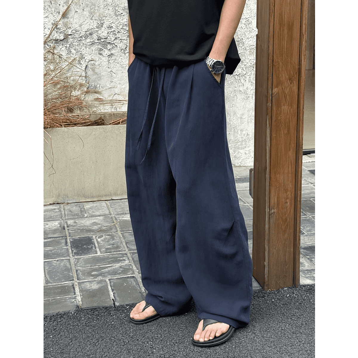 夏季凉感亚麻混纺休闲拖地松弛垂感弯刀裤子男女