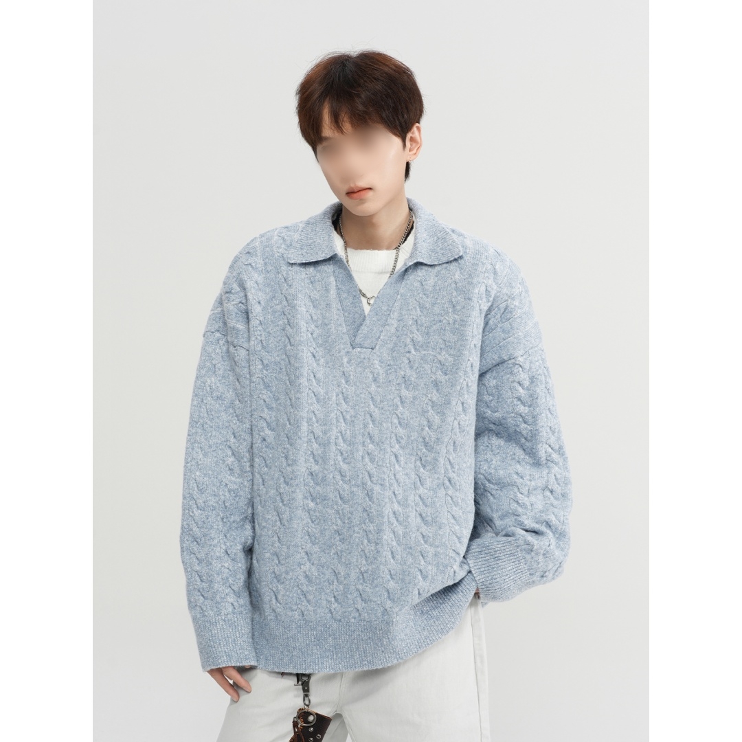 美式复古麻花假两件针织毛衣男冬季潮慵懒风纯色套头打底加厚外套