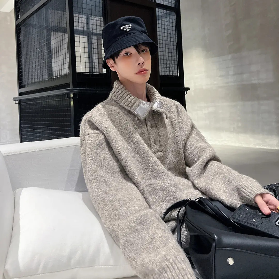 秋冬季可立领可翻领设计感重磅加厚毛衣男复古宽松休闲百搭针织衫