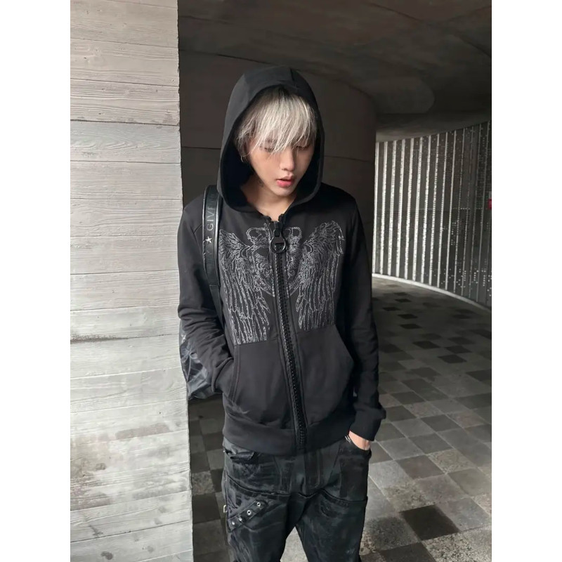 26AW亚文化修身连帽卫衣男女早秋新款翅膀印花大拉链外套正肩上衣